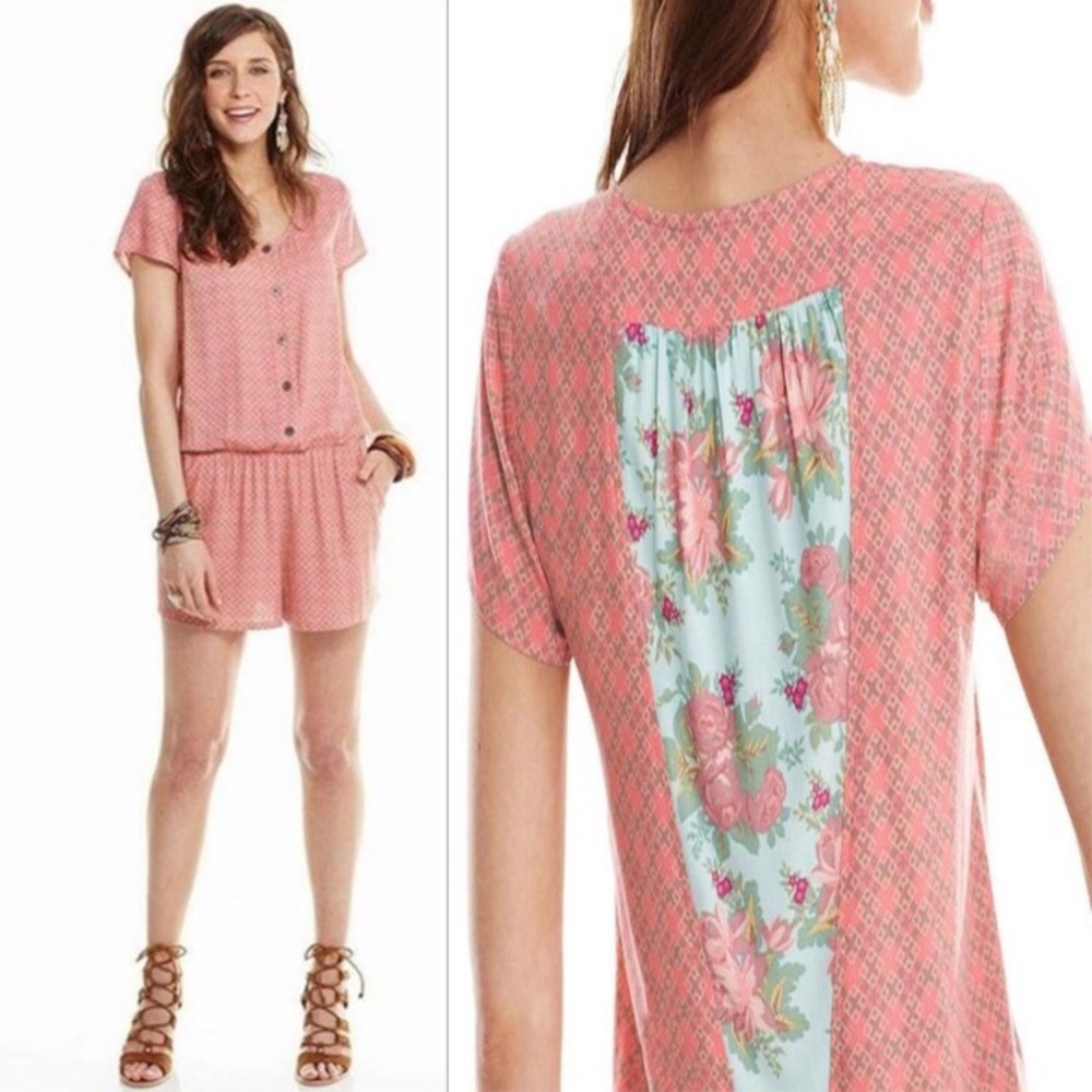 Matilda Jane Pink Patterned Short-Sleeve Romper with Floral Back Panel